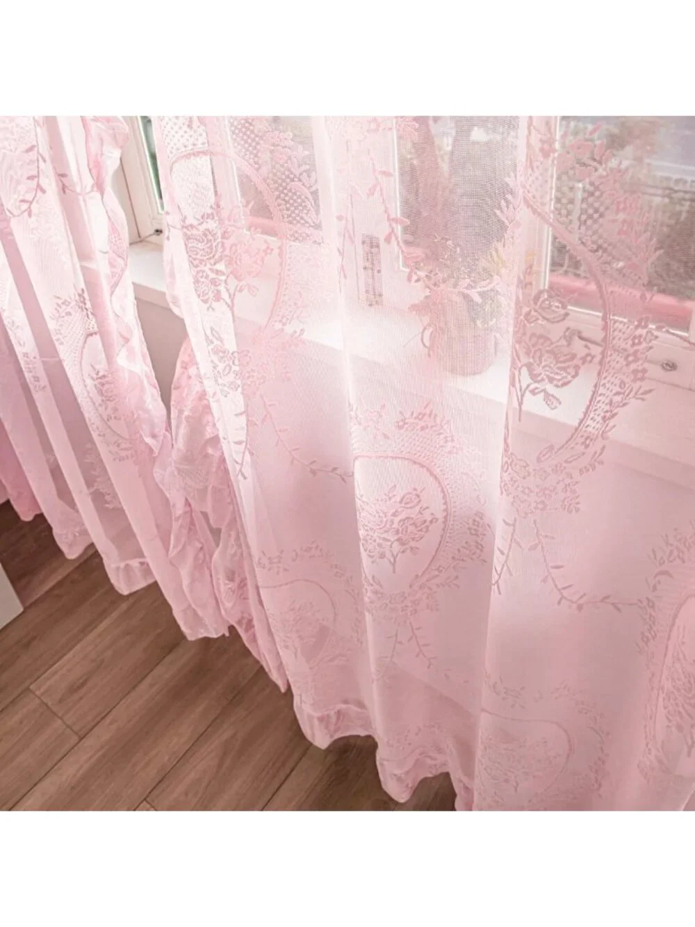 102” Pink Lace Curtains Set - Vintage Boho Sheer Floral Embroidery Window